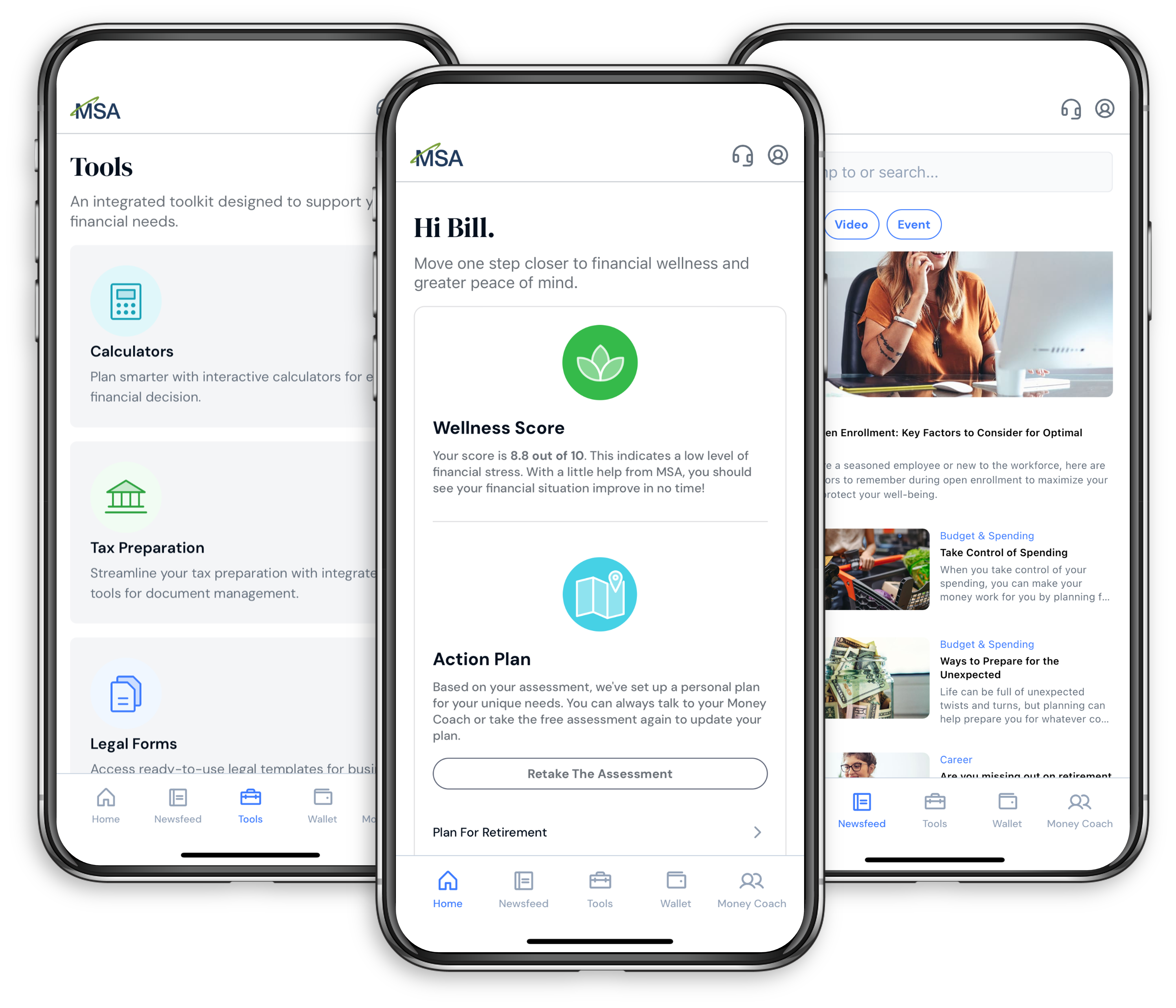 My Secure Advantage mobile app screens showing Tools, Home, and Newsfeed